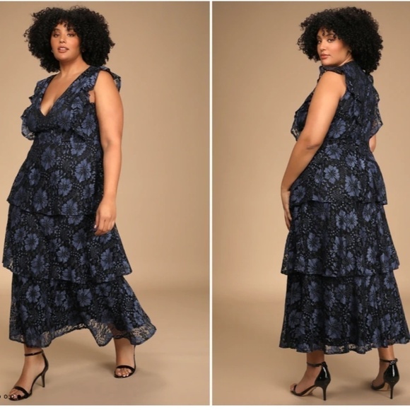 LULU's Prom Wedding Bridesmaid Tiered Lace Floral Ruffles Maxi - Picture 4 of 7